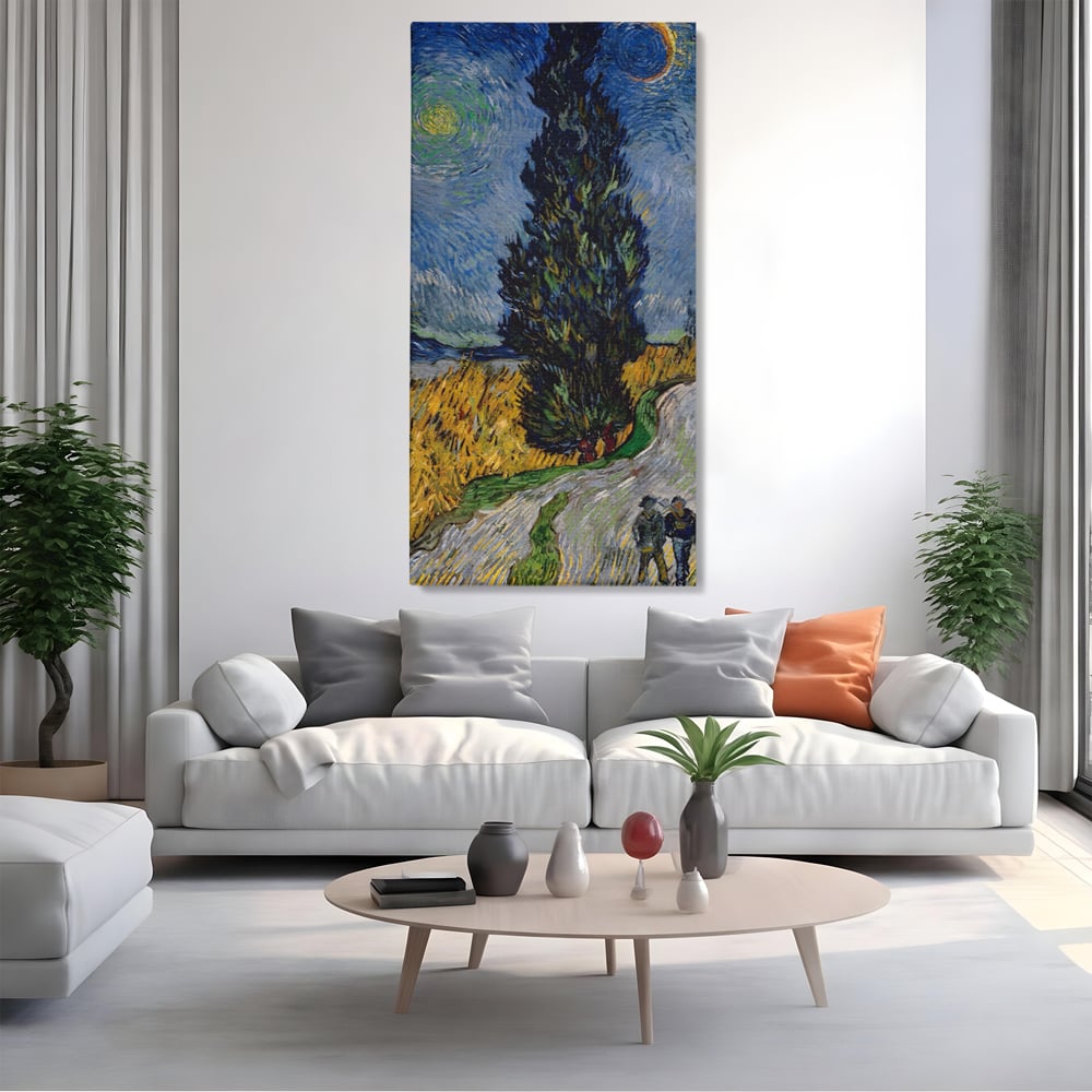 Tablou canvas cu reproducere pictura van gogh, fara rama, pe sasiu de lemn, pe perete intr-un living